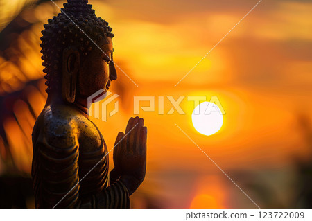 Ancient statue great Buddha on bright holiday composition, abstract vivid composition consists of fictional unreal fantastic vision on background 123722009