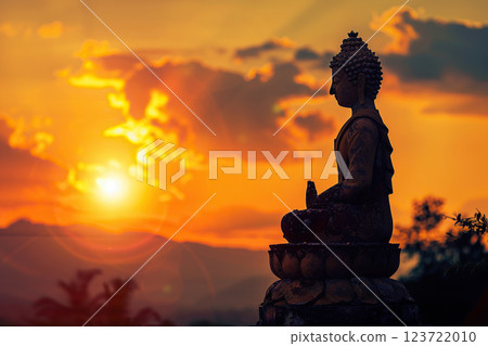 Ancient statue great Buddha on bright holiday composition, abstract vivid composition consists of fictional unreal fantastic vision on background 123722010