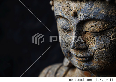 Ancient statue great Buddha on bright holiday composition, abstract vivid composition consists of fictional unreal fantastic vision on background 123722011