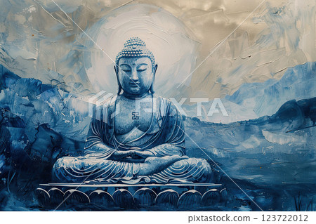 Ancient statue great Buddha on bright holiday composition, abstract vivid composition consists of fictional unreal fantastic vision on background 123722012