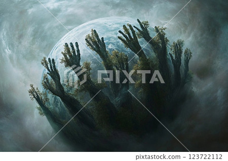 Surreal landscape with eerie hands reaching towards a distant planet in a twilight sky 123722112