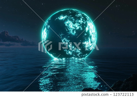 Vivid ocean waves illuminated by a bright azure celestial body at night 123722113
