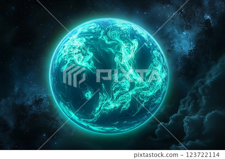 Vivid ocean waves illuminated by a bright azure celestial body at night 123722114