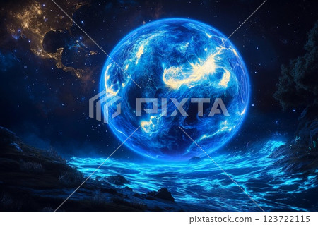 Vivid ocean waves illuminated by a bright azure celestial body at night 123722115