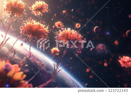 Blooming planet full of vibrant flowers set against a cosmic backdrop 123722143