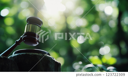 Gavel rests on a wooden stump with blurred green foliage in the background. Concept of justice and nature. 123722309
