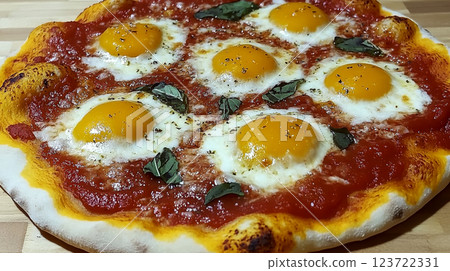 Egg-topped pizza with herbs on a wooden table. Concept of savory and gourmet food. 123722331