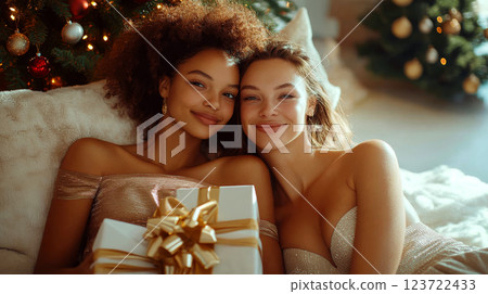 Two women sit close together, smiling with a wrapped gift and Christmas tree in the background. Concept of festive joy and closeness. 123722433