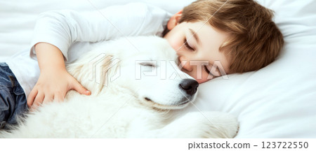 Child cuddles with a sleeping dog on a white bed. Concept of warmth and companionship. Child cuddles with a sleeping dog on a white bed. Concept of warmth and companionship. 123722550