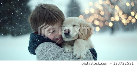 Child cuddles fluffy puppy in snowy scene with glowing bokeh lights in background. Concept of warmth, joy, and innocence during winter. Child cuddles fluffy puppy in snowy scene with glowing bokeh lights in background. Concept of warmth, joy, and innocence during winter. 123722551