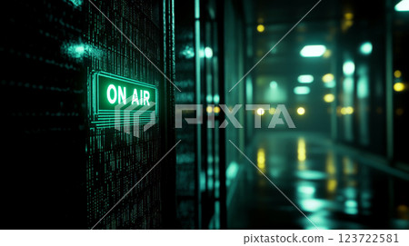 On a dark wall, a neon "ON AIR" sign glows brightly in a dimly lit hallway. Concept of broadcasting, technology, and communication. 123722581