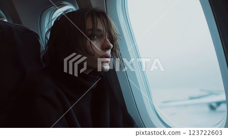 Young person with tousled hair sits by an airplane window, gazing pensively outside. Concept: travel, reflection, solitude. 123722603