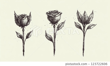 Three detailed black and white rose drawings with different stages on a light background. Concept of botanical illustration and artistic expression. Three detailed black and white rose drawings with different stages on a light background. Concept of botanical illustration and artistic expression. 123722606