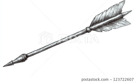 Arrow with wooden shaft and feather fletching, isolated on white background. Concept of hunting, weaponry, or historical tools. Arrow with wooden shaft and feather fletching, isolated on white background. Concept of hunting, weaponry, or historical tools. 123722607
