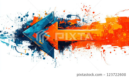 Arrow in vibrant orange and blue splatters points left on a white background. Concept is dynamic direction and creativity. Arrow in vibrant orange and blue splatters points left on a white background. Concept is dynamic direction and creativity. 123722608