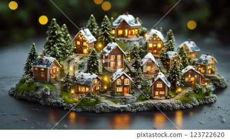 Miniature village houses with snow caps are surrounded by trees with warm lights glowing inside. Concept of cozy winter scene in a miniature model. 123722620