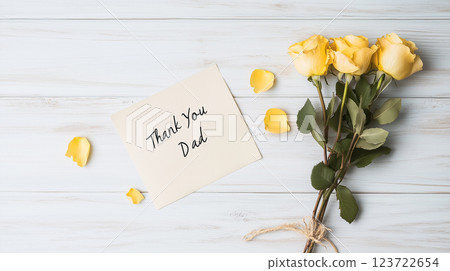 Yellow roses and a thank you message on a pale wooden table | Simple beauty 123722654