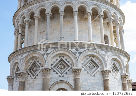 Close-Up of the Leaning Tower of Pisa. Traveling Europe in summer. Top tourist attraction 123722682