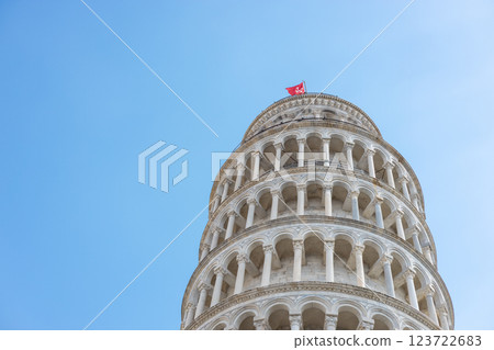 Close-Up of the Leaning Tower of Pisa. Traveling Europe in summer. Top tourist attraction. 123722683