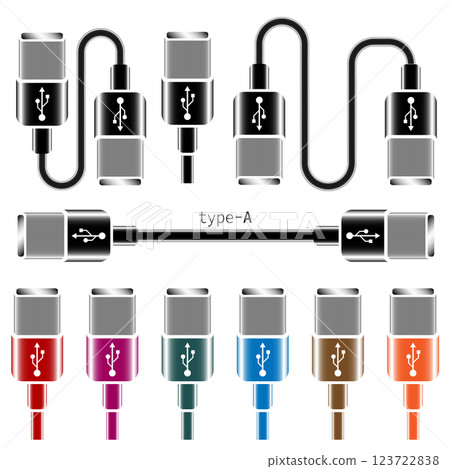 Exploring diverse USB Type A connectors and cables in a vector illustration Exploring diverse USB Type A connectors and cables in a vector illustration 123722838