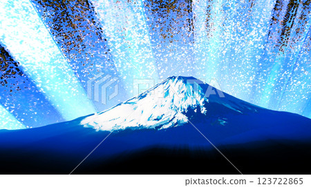 插圖描繪了藍色和黑色的扇形條紋圖案,在藍色的富士山背景上,有優雅的濺射狀珍珠母設計 插圖描繪了藍色和黑色的扇形條紋圖案,在藍色的富士山背景上,有優雅的濺射狀珍珠母設計 123722865
