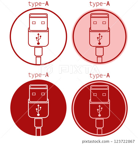 USB Type A icon set featuring different designs and colors showcasing connector details USB Type A icon set featuring different designs and colors showcasing connector details 123722867