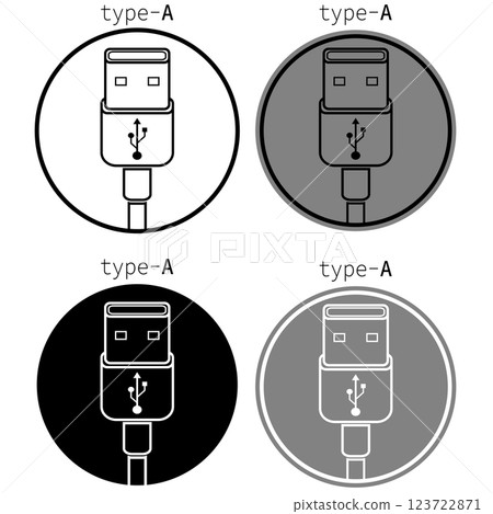 Various representations of USB Type A connector icons in different styles and colors 123722871