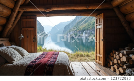 Cozy cabin bedroom with stunning lake view surrounded by mountains during early morning 123722983