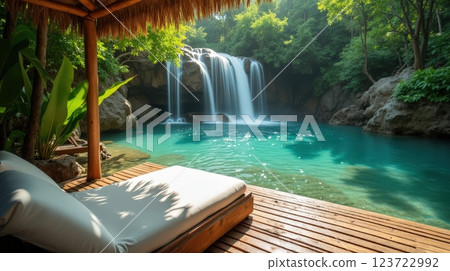 Relaxing by a tranquil waterfall in a serene tropical setting with lush greenery 123722992