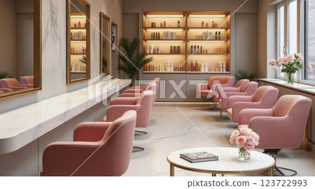 Stylish interior of a modern beauty salon with pink chairs and elegant decor 123722993