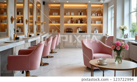 Elegant interior of a modern salon with chic decor and stylish seating arrangement 123722994