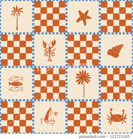 Brown checkered summer beach seamless pattern. Tropical palm tree, lobster, fish, boat, seashell. Vector geometric print 123723285