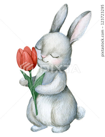 cute bunny with tulip flowers. watercolor illustration for easter holiday, bunny with spring flowers 123723295