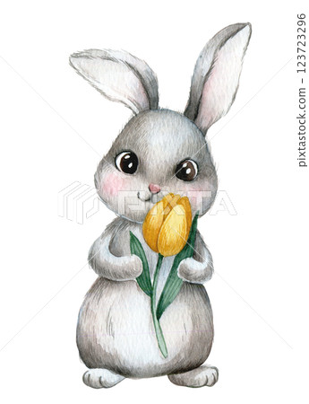 cute bunny with tulip flowers. watercolor illustration for easter holiday, bunny with spring flowers 123723296