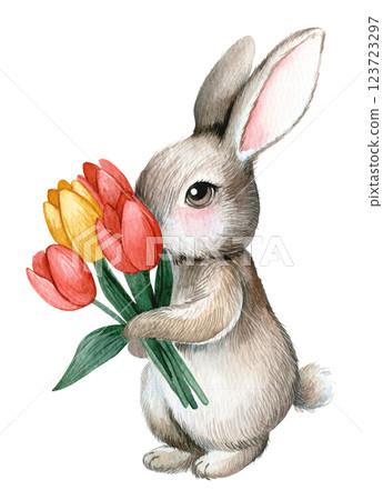 cute bunny with tulip flowers. watercolor illustration for easter holiday, bunny with spring flowers 123723297