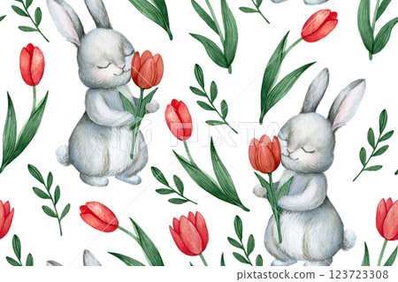 seamless pattern with easter bunnies, pink flowers tulips. watercolor print 123723308