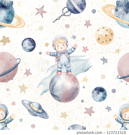Seamless watercolor Space pattern with cute Astronaut floating among planets, stars, and spaceships. illustration of Cosmos Background with celestial elements for childish wallpaper or bed linen. 123723328