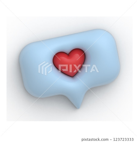 Speech bubble with heart symbol. Social media notifications icon indicating like. 3D render illustration. Speech bubble with heart symbol. Social media notifications icon indicating like. 3D render illustration. 123723333