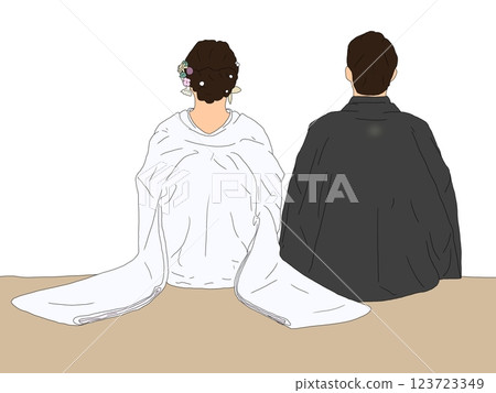 The back view of a newlywed couple sitting, a bride in a white wedding kimono and a groom in a crested hakama The back view of a newlywed couple sitting, a bride in a white wedding kimono and a groom in a crested hakama 123723349