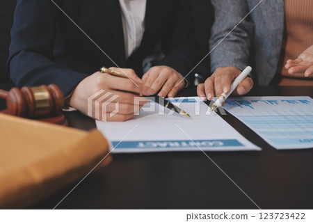 Judge gavel with Justice lawyers having team meeting at law firm background. Concepts of Law and Legal services. 123723422