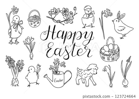 Happy Easter hand drawn doodle set featuring cute chicks, lamb, Easter eggs, flowers, and spring elements in black and white line art. Vector line art drawings for coloring pages 123724664