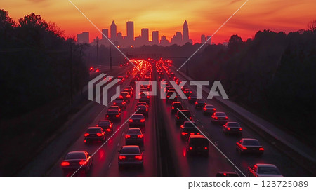 夕陽下閃爍的交通堵塞燈 123725089
