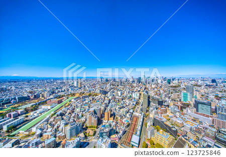 Tokyo cityscape in Japan. A rare and new view of Mt. Fuji. Views of Shibuya's buildings, Ikebukuro, trains, etc. Akshu, Mt. Nantai 123725846