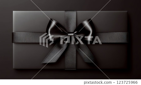 A rectangular gift box wrapped in black ribbon is centered on a black surface. Concept of luxury and elegance. 123725966