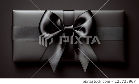 A black gift box with a satin bow lies against a dark background. Concept is elegance and mystery. 123725967