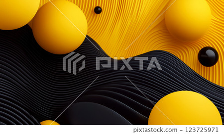 Yellow and black spheres float over wavy textured surfaces. Concept of abstract fluidity and modern design. 123725971