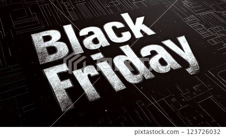 Black and white text in bold letters saying "Black Friday" is centered on a textured dark background. Concept of sales, shopping, and discounts. 123726032