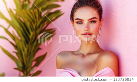 Woman in pink dress leans against a soft pink wall beside green plant, smiling softly. Concept of elegance and style. Woman in pink dress leans against a soft pink wall beside green plant, smiling softly. Concept of elegance and style. 123726034