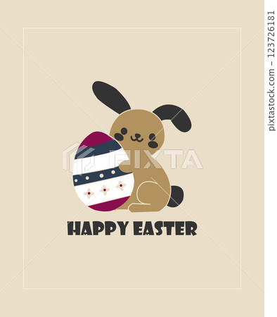 Cute Bunny Holding a Decorative Easter Egg with Happy Easter Text 123726181