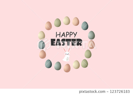 Happy Easter Surrounded by Colorful Eggs and a Cute Bunny in the Center Happy Easter Surrounded by Colorful Eggs and a Cute Bunny in the Center 123726183